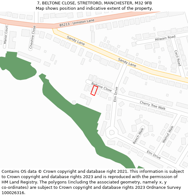 7, BELTONE CLOSE, STRETFORD, MANCHESTER, M32 9FB: Location map and indicative extent of plot