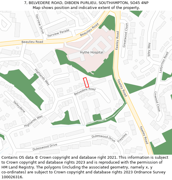 7, BELVEDERE ROAD, DIBDEN PURLIEU, SOUTHAMPTON, SO45 4NP: Location map and indicative extent of plot