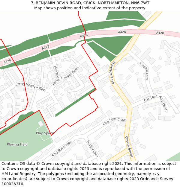 7, BENJAMIN BEVIN ROAD, CRICK, NORTHAMPTON, NN6 7WT: Location map and indicative extent of plot