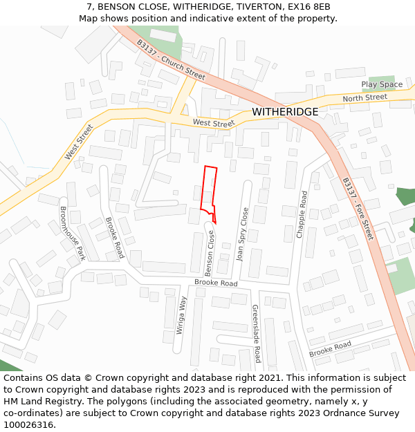 7, BENSON CLOSE, WITHERIDGE, TIVERTON, EX16 8EB: Location map and indicative extent of plot