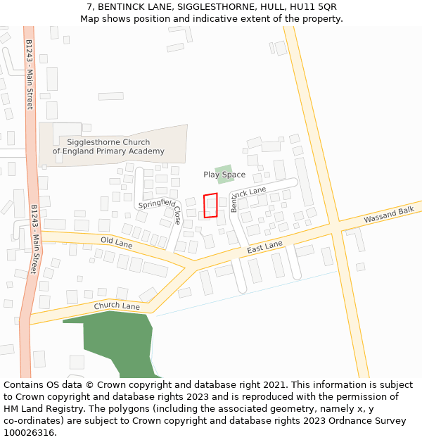 7, BENTINCK LANE, SIGGLESTHORNE, HULL, HU11 5QR: Location map and indicative extent of plot