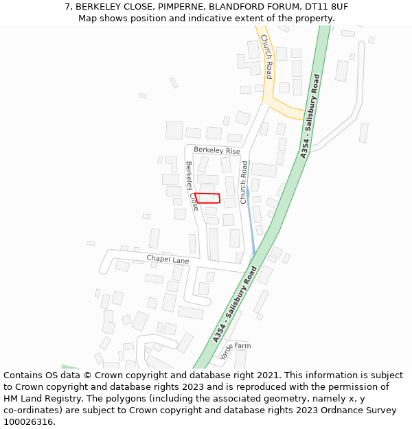 7, BERKELEY CLOSE, PIMPERNE, BLANDFORD FORUM, DT11 8UF: Location map and indicative extent of plot