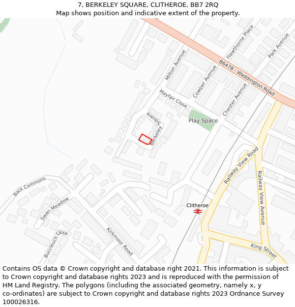 7, BERKELEY SQUARE, CLITHEROE, BB7 2RQ: Location map and indicative extent of plot