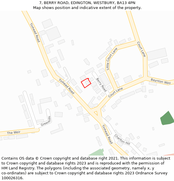 7, BERRY ROAD, EDINGTON, WESTBURY, BA13 4PN: Location map and indicative extent of plot