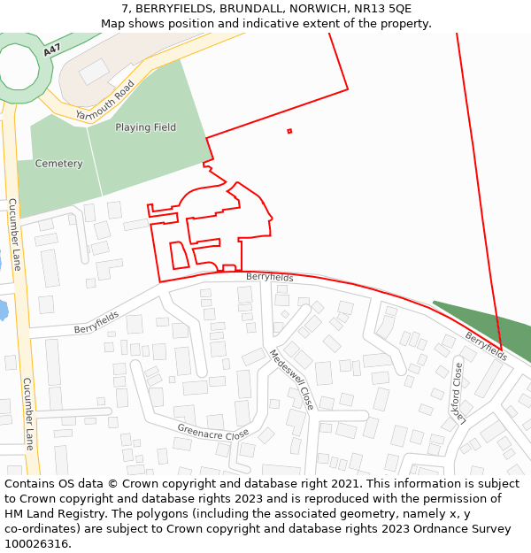 7, BERRYFIELDS, BRUNDALL, NORWICH, NR13 5QE: Location map and indicative extent of plot