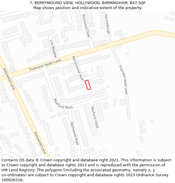 7, BERRYMOUND VIEW, HOLLYWOOD, BIRMINGHAM, B47 5QF: Location map and indicative extent of plot