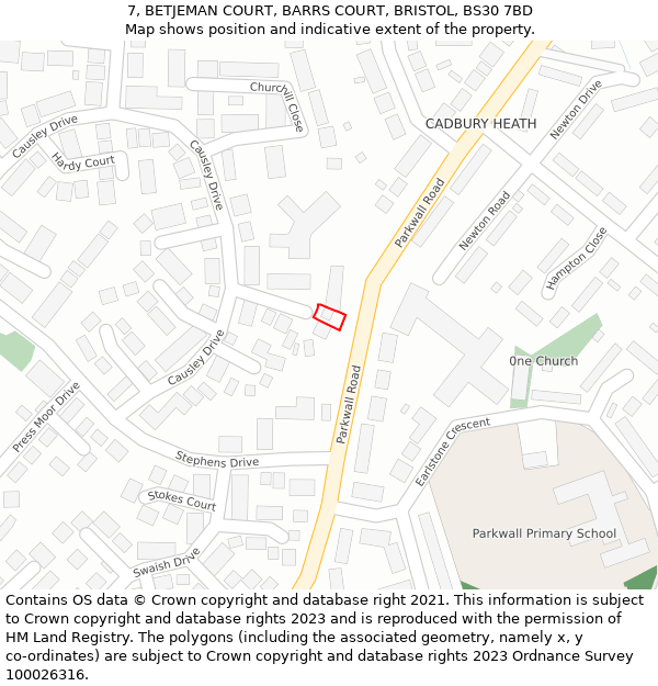 7, BETJEMAN COURT, BARRS COURT, BRISTOL, BS30 7BD: Location map and indicative extent of plot