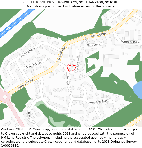 7, BETTERIDGE DRIVE, ROWNHAMS, SOUTHAMPTON, SO16 8LE: Location map and indicative extent of plot