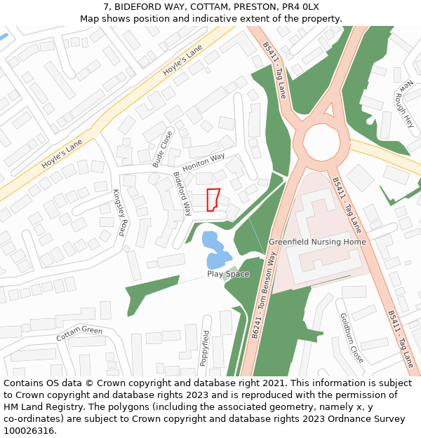 7, BIDEFORD WAY, COTTAM, PRESTON, PR4 0LX: Location map and indicative extent of plot