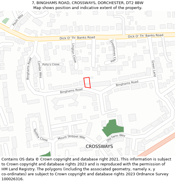 7, BINGHAMS ROAD, CROSSWAYS, DORCHESTER, DT2 8BW: Location map and indicative extent of plot