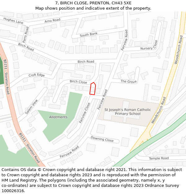 7, BIRCH CLOSE, PRENTON, CH43 5XE: Location map and indicative extent of plot