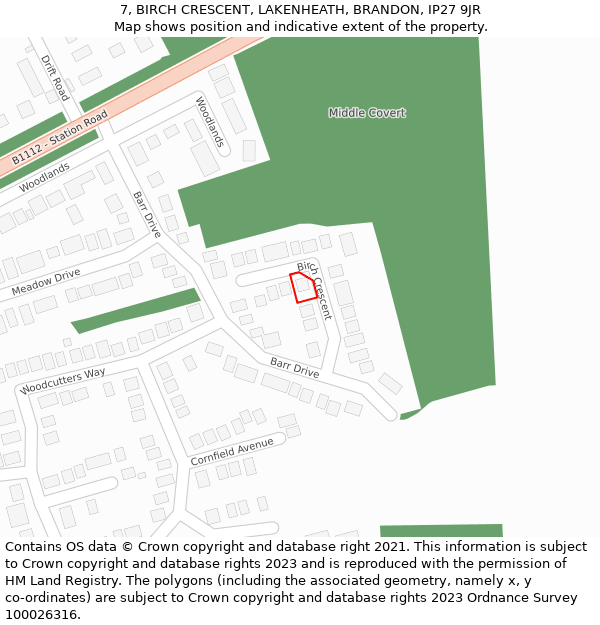 7, BIRCH CRESCENT, LAKENHEATH, BRANDON, IP27 9JR: Location map and indicative extent of plot