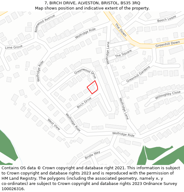 7, BIRCH DRIVE, ALVESTON, BRISTOL, BS35 3RQ: Location map and indicative extent of plot