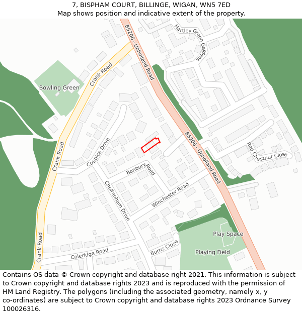 7, BISPHAM COURT, BILLINGE, WIGAN, WN5 7ED: Location map and indicative extent of plot