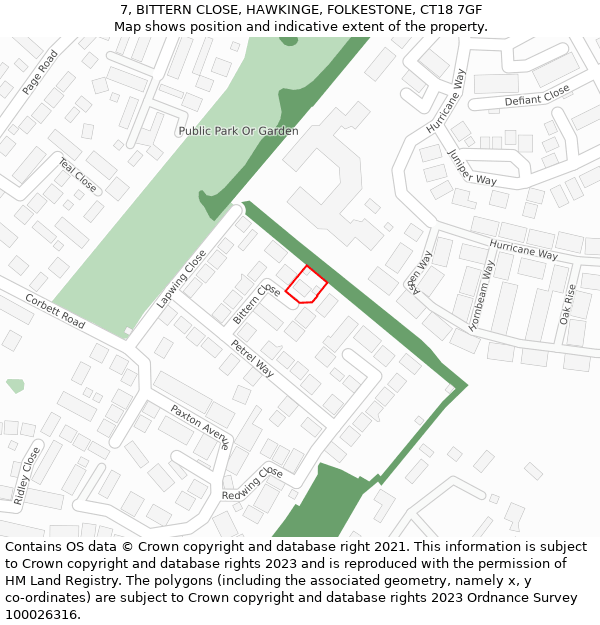 7, BITTERN CLOSE, HAWKINGE, FOLKESTONE, CT18 7GF: Location map and indicative extent of plot