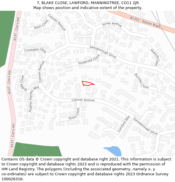 7, BLAKE CLOSE, LAWFORD, MANNINGTREE, CO11 2JR: Location map and indicative extent of plot