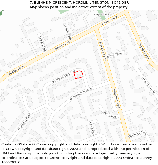 7, BLENHEIM CRESCENT, HORDLE, LYMINGTON, SO41 0GR: Location map and indicative extent of plot