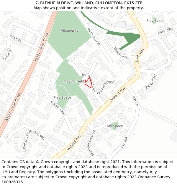 7, BLENHEIM DRIVE, WILLAND, CULLOMPTON, EX15 2TB: Location map and indicative extent of plot