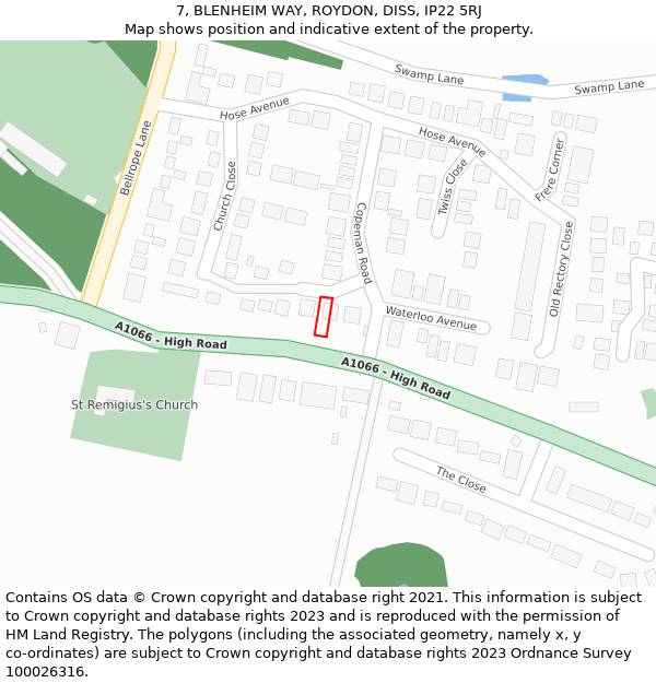 7, BLENHEIM WAY, ROYDON, DISS, IP22 5RJ: Location map and indicative extent of plot