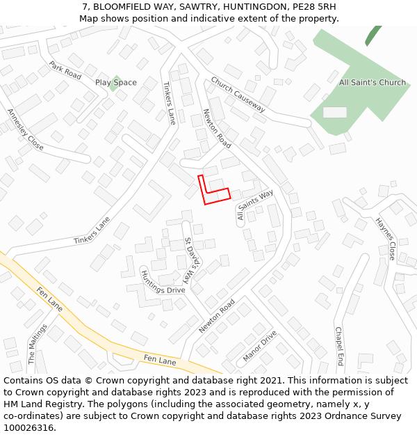 7, BLOOMFIELD WAY, SAWTRY, HUNTINGDON, PE28 5RH: Location map and indicative extent of plot