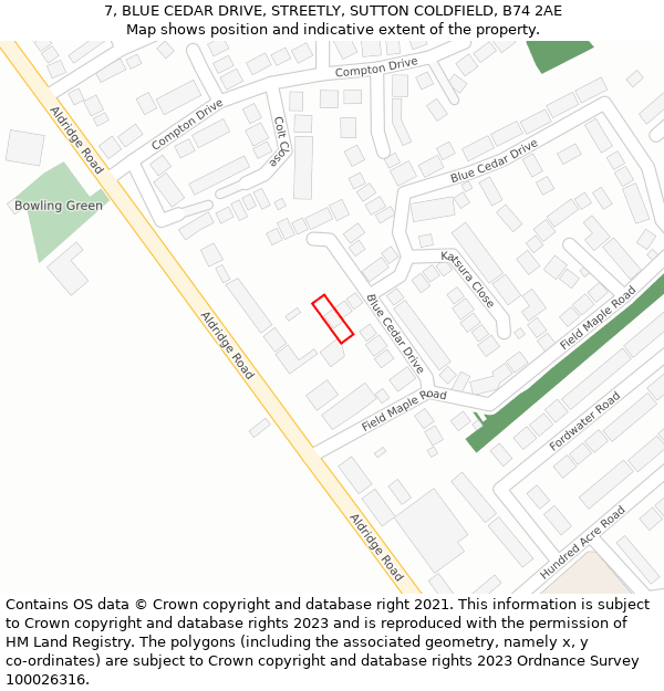 7, BLUE CEDAR DRIVE, STREETLY, SUTTON COLDFIELD, B74 2AE: Location map and indicative extent of plot