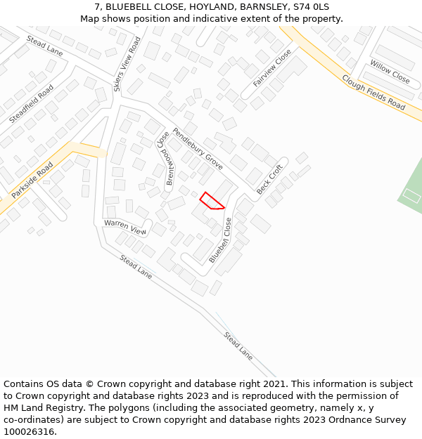 7, BLUEBELL CLOSE, HOYLAND, BARNSLEY, S74 0LS: Location map and indicative extent of plot