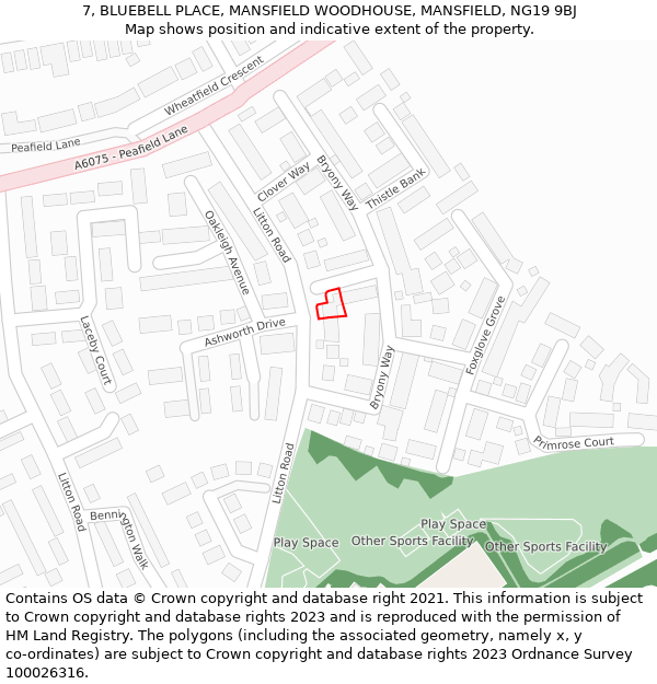 7, BLUEBELL PLACE, MANSFIELD WOODHOUSE, MANSFIELD, NG19 9BJ: Location map and indicative extent of plot