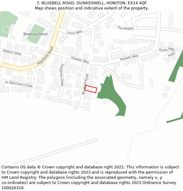 7, BLUEBELL ROAD, DUNKESWELL, HONITON, EX14 4QF: Location map and indicative extent of plot