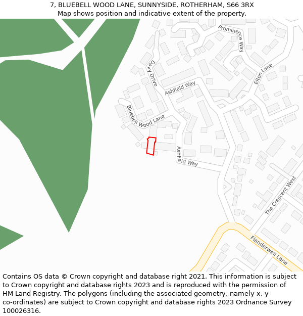 7, BLUEBELL WOOD LANE, SUNNYSIDE, ROTHERHAM, S66 3RX: Location map and indicative extent of plot