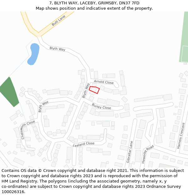 7, BLYTH WAY, LACEBY, GRIMSBY, DN37 7FD: Location map and indicative extent of plot