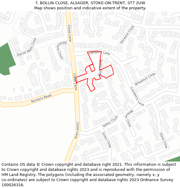7, BOLLIN CLOSE, ALSAGER, STOKE-ON-TRENT, ST7 2UW: Location map and indicative extent of plot