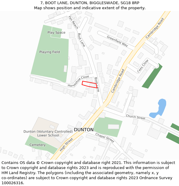 7, BOOT LANE, DUNTON, BIGGLESWADE, SG18 8RP: Location map and indicative extent of plot