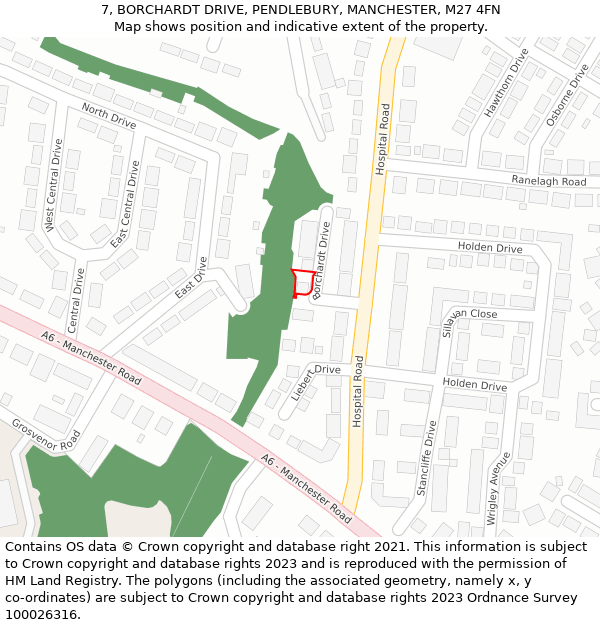 7, BORCHARDT DRIVE, PENDLEBURY, MANCHESTER, M27 4FN: Location map and indicative extent of plot