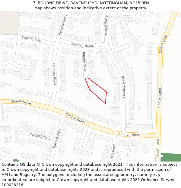 7, BOURNE DRIVE, RAVENSHEAD, NOTTINGHAM, NG15 9FN: Location map and indicative extent of plot