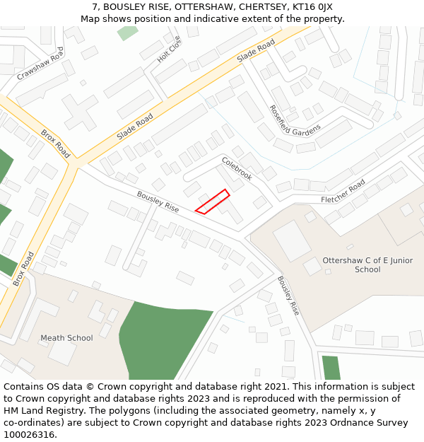 7, BOUSLEY RISE, OTTERSHAW, CHERTSEY, KT16 0JX: Location map and indicative extent of plot