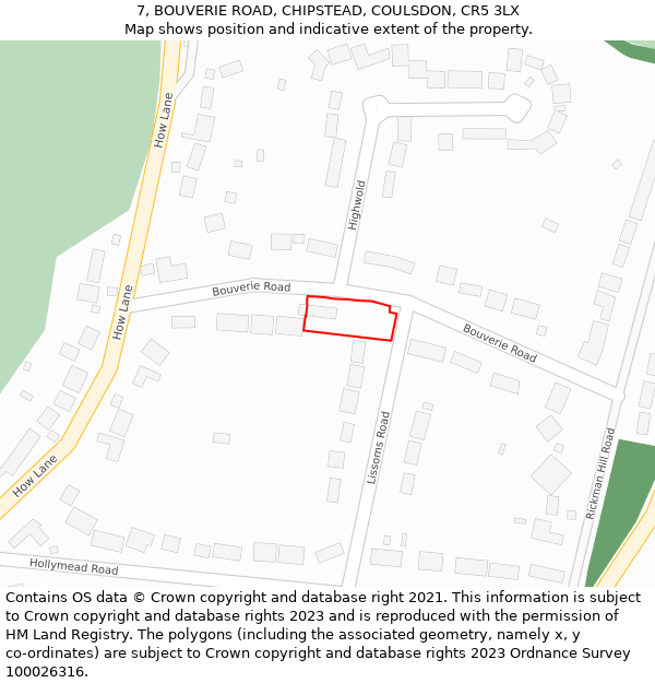 7, BOUVERIE ROAD, CHIPSTEAD, COULSDON, CR5 3LX: Location map and indicative extent of plot