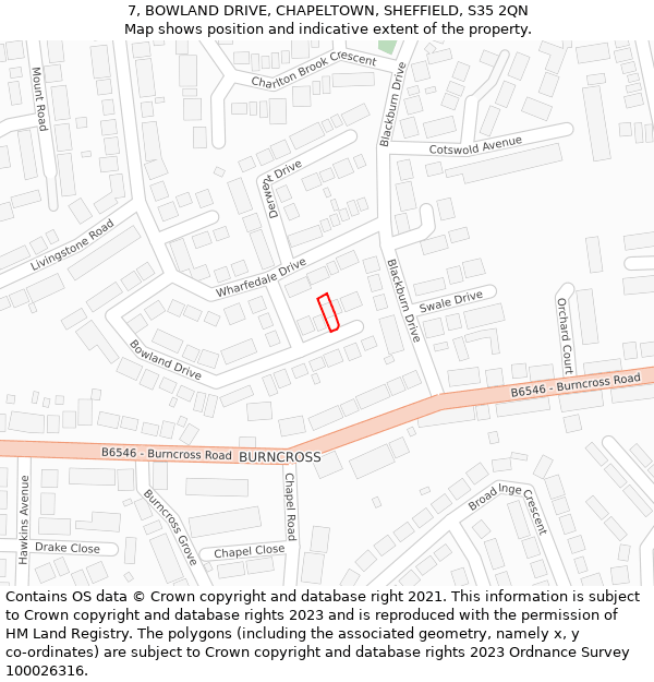 7, BOWLAND DRIVE, CHAPELTOWN, SHEFFIELD, S35 2QN: Location map and indicative extent of plot