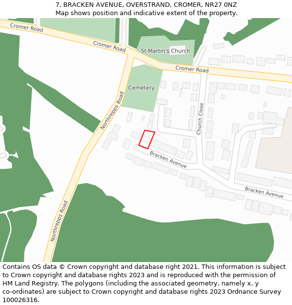 7, BRACKEN AVENUE, OVERSTRAND, CROMER, NR27 0NZ: Location map and indicative extent of plot