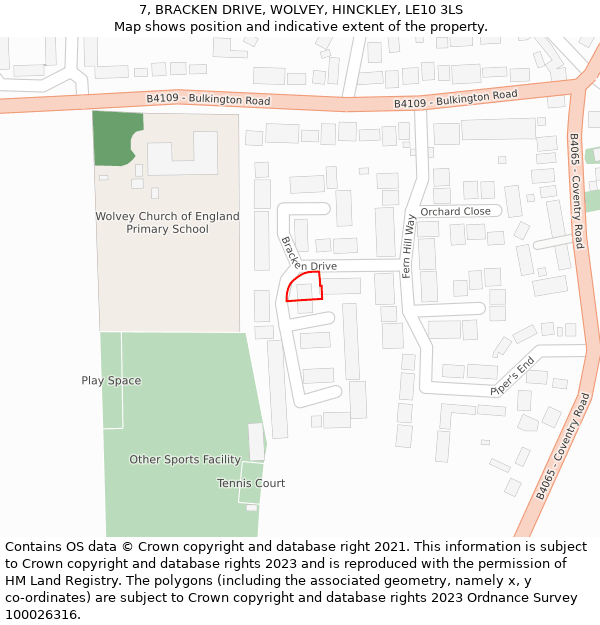 7, BRACKEN DRIVE, WOLVEY, HINCKLEY, LE10 3LS: Location map and indicative extent of plot