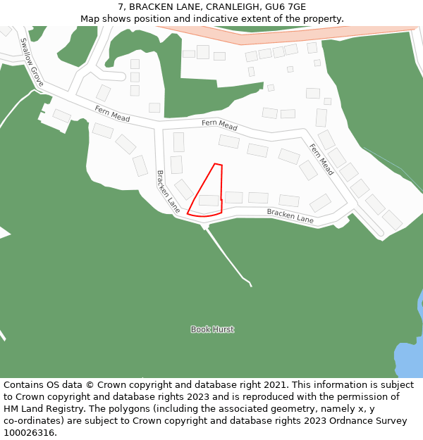 7, BRACKEN LANE, CRANLEIGH, GU6 7GE: Location map and indicative extent of plot