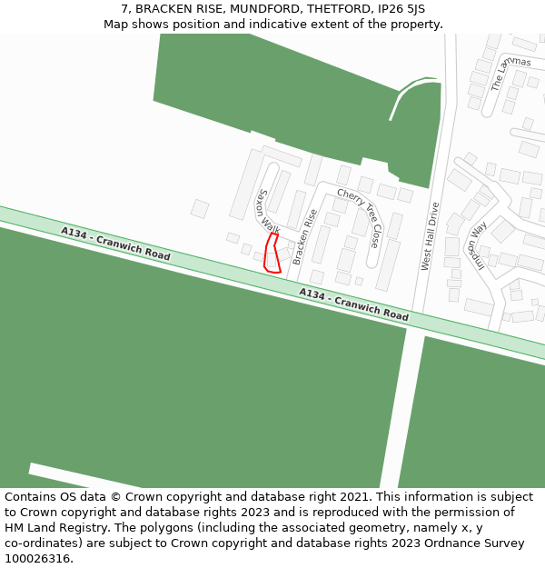 7, BRACKEN RISE, MUNDFORD, THETFORD, IP26 5JS: Location map and indicative extent of plot