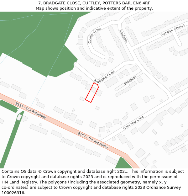 7, BRADGATE CLOSE, CUFFLEY, POTTERS BAR, EN6 4RF: Location map and indicative extent of plot