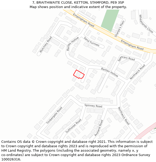 7, BRAITHWAITE CLOSE, KETTON, STAMFORD, PE9 3SP: Location map and indicative extent of plot