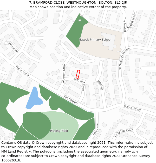 7, BRAMFORD CLOSE, WESTHOUGHTON, BOLTON, BL5 2JR: Location map and indicative extent of plot