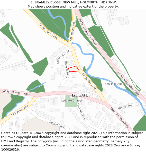 7, BRAMLEY CLOSE, NEW MILL, HOLMFIRTH, HD9 7NW: Location map and indicative extent of plot