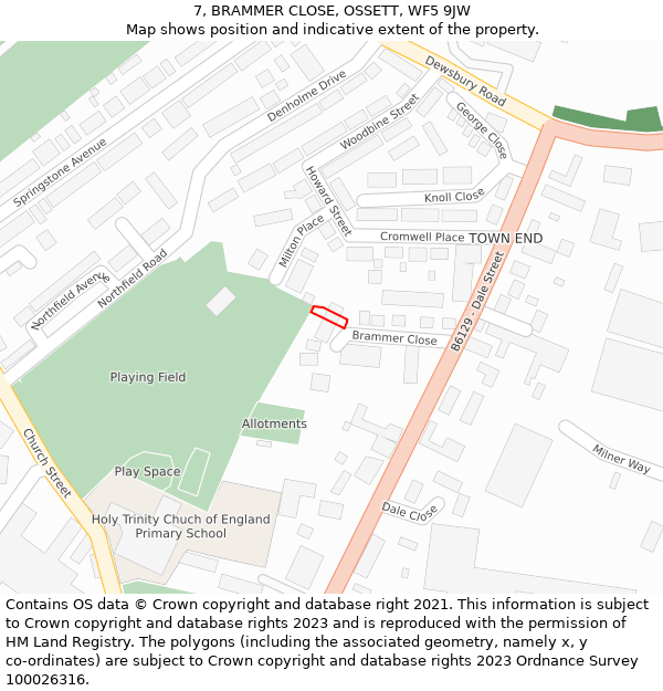 7, BRAMMER CLOSE, OSSETT, WF5 9JW: Location map and indicative extent of plot