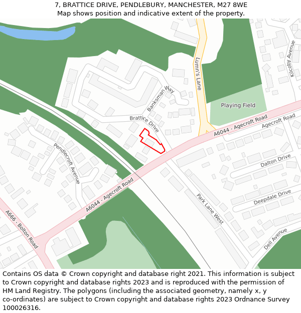 7, BRATTICE DRIVE, PENDLEBURY, MANCHESTER, M27 8WE: Location map and indicative extent of plot