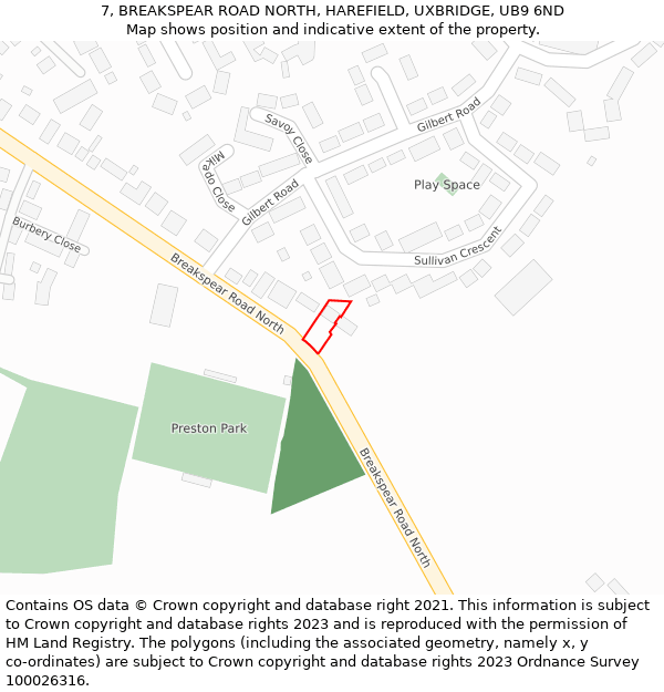 7, BREAKSPEAR ROAD NORTH, HAREFIELD, UXBRIDGE, UB9 6ND: Location map and indicative extent of plot