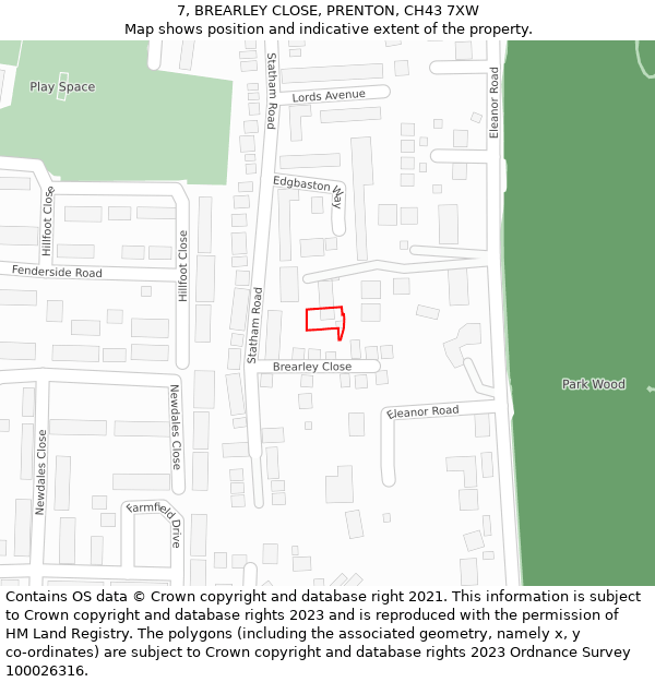 7, BREARLEY CLOSE, PRENTON, CH43 7XW: Location map and indicative extent of plot