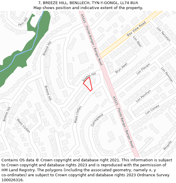 7, BREEZE HILL, BENLLECH, TYN-Y-GONGL, LL74 8UA: Location map and indicative extent of plot